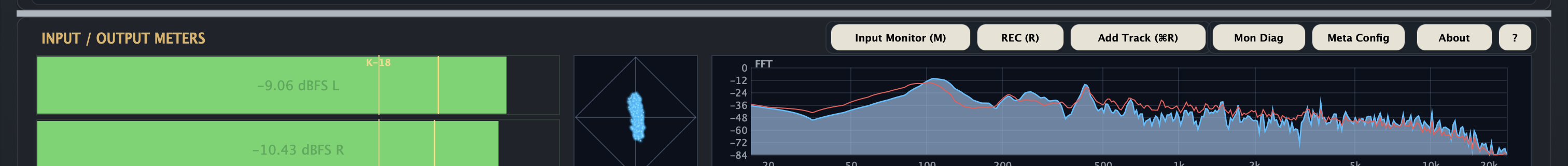 Input and output meters with input monitor and record controls