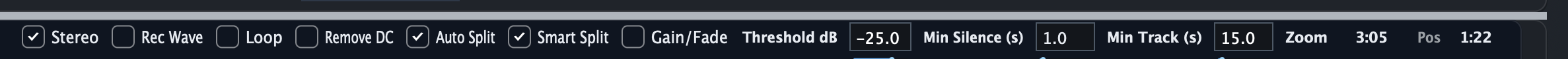 Waveform toolbar showing Auto Split, Smart Split, Threshold, Minimum Silence, and Minimum Track